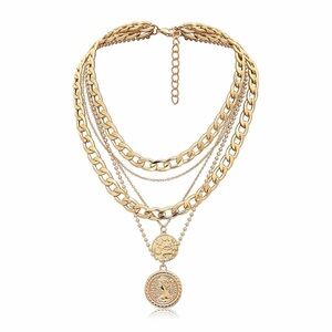 Layered Gold Coin Pendant Statment Necklace